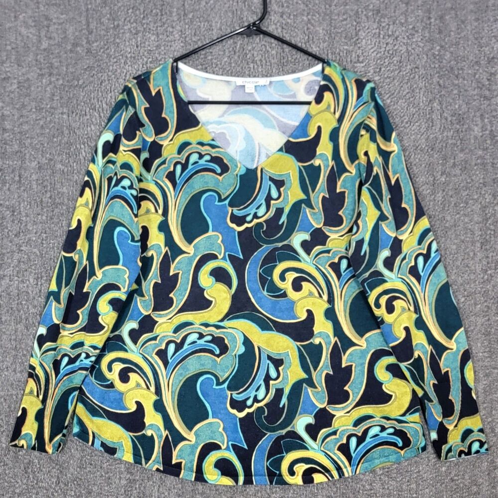 Chicos Sweater 2 Womens Large Blue Green Floral V-Neck Soft Knit Pullover